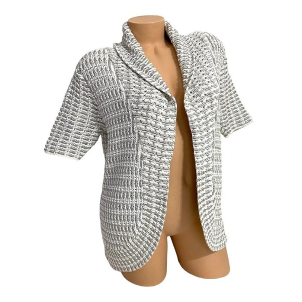 Chico’s Women’s Size 1 Beatrice Texture Open Cardigan Sweater White Gray Gold